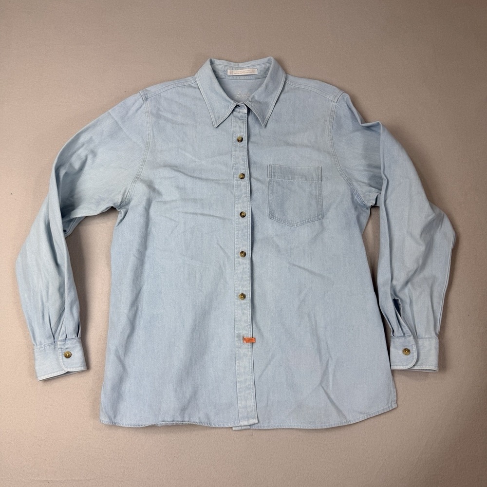 Foxcroft Women Petite 12P Light Blue WashDenim Long Sleeves Button Shirt Preppy